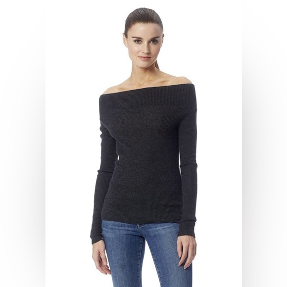 360 Cashmere Dorothy Off Shoulder Cashmere Sweater in  Charcoal Grey - Picture 1 of 8